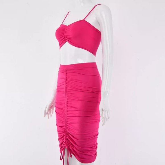Hot Pink Two Piece Ruched Skirt Set - Picture 5 of 6